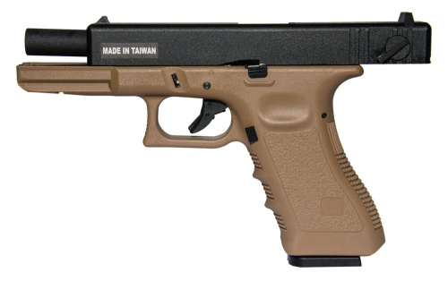 Модель пистолета (KJW) Glock G18 GBB CO2 TAN, ствол с резьбой под глушитель фото 6