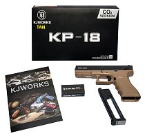 Модель пистолета (KJW) Glock G18 GBB CO2 TAN, ствол с резьбой под глушитель