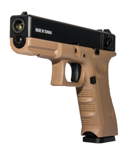 Модель пистолета (KJW) Glock G18 GBB CO2 TAN, ствол с резьбой под глушитель фото 2